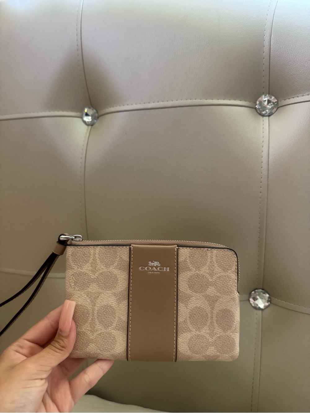 Coach Beige Signature Zip Wristlet with Leather Trim